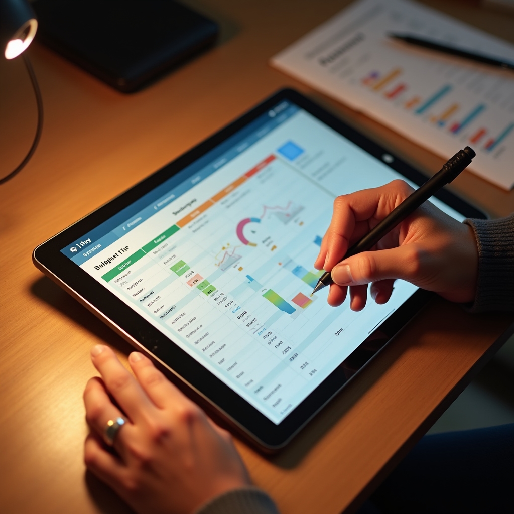 Close-up of a person using a digital budgeting tool on a tablet with financial categories visible on screen