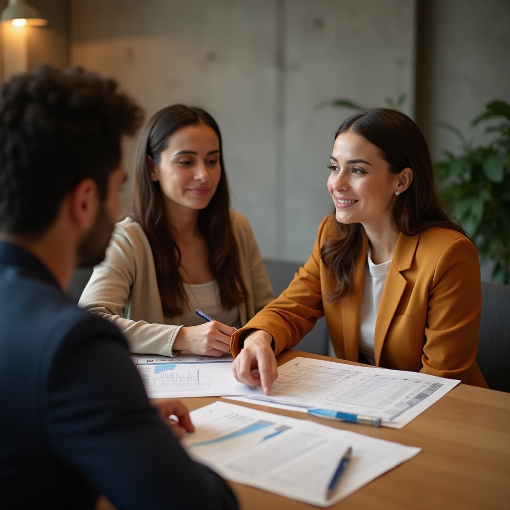 Budget consultant working with a Colombian family in a modern Cali office