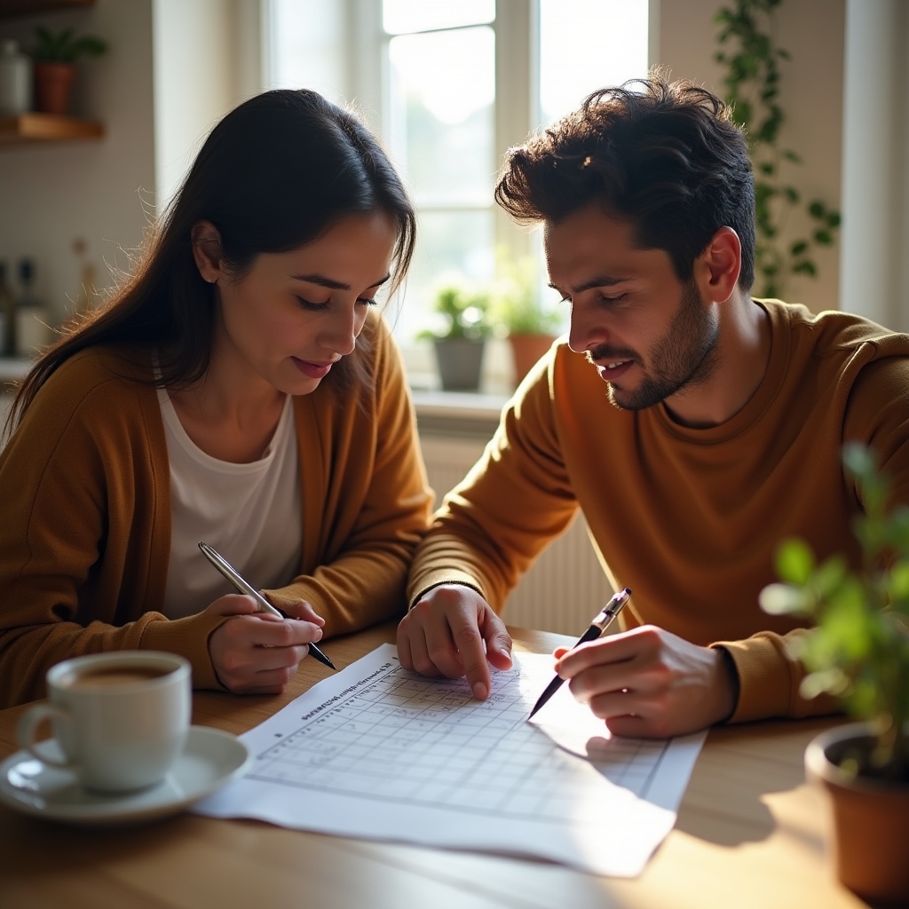 Couple sitting together at a kitchen table reviewing a family budget plan on paper with a calm, focused atmosphere