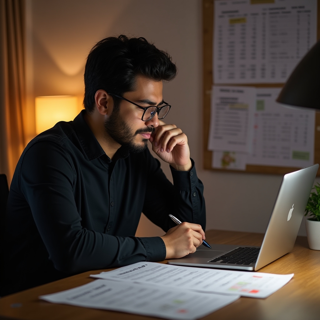 Freelancer or self-employed person working on a budget spreadsheet at a modern desk with warm lighting and financial notes