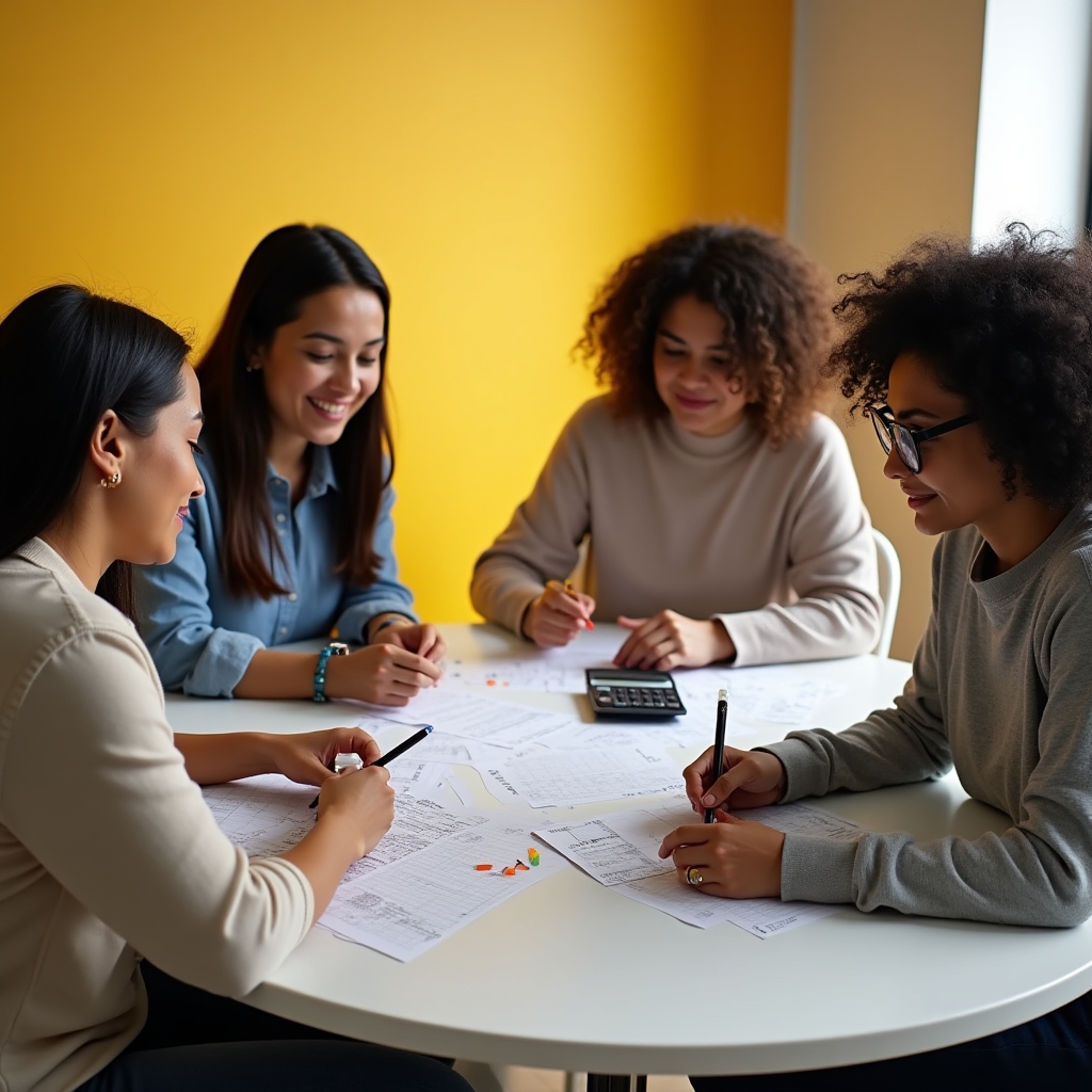Workshop participants working on budget foundation exercises with worksheets and calculators