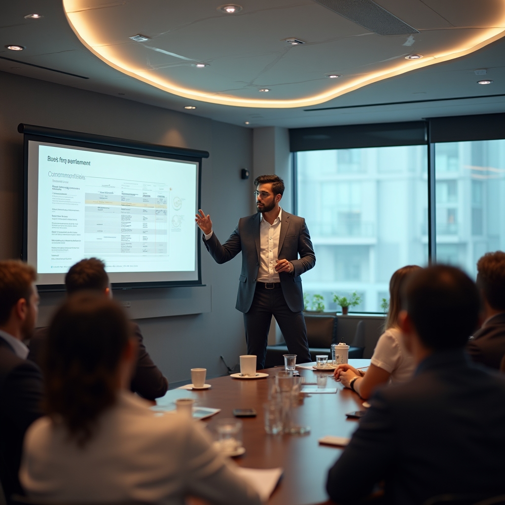 Corporate or community workshop on financial education with a presenter and engaged audience in a professional conference setting