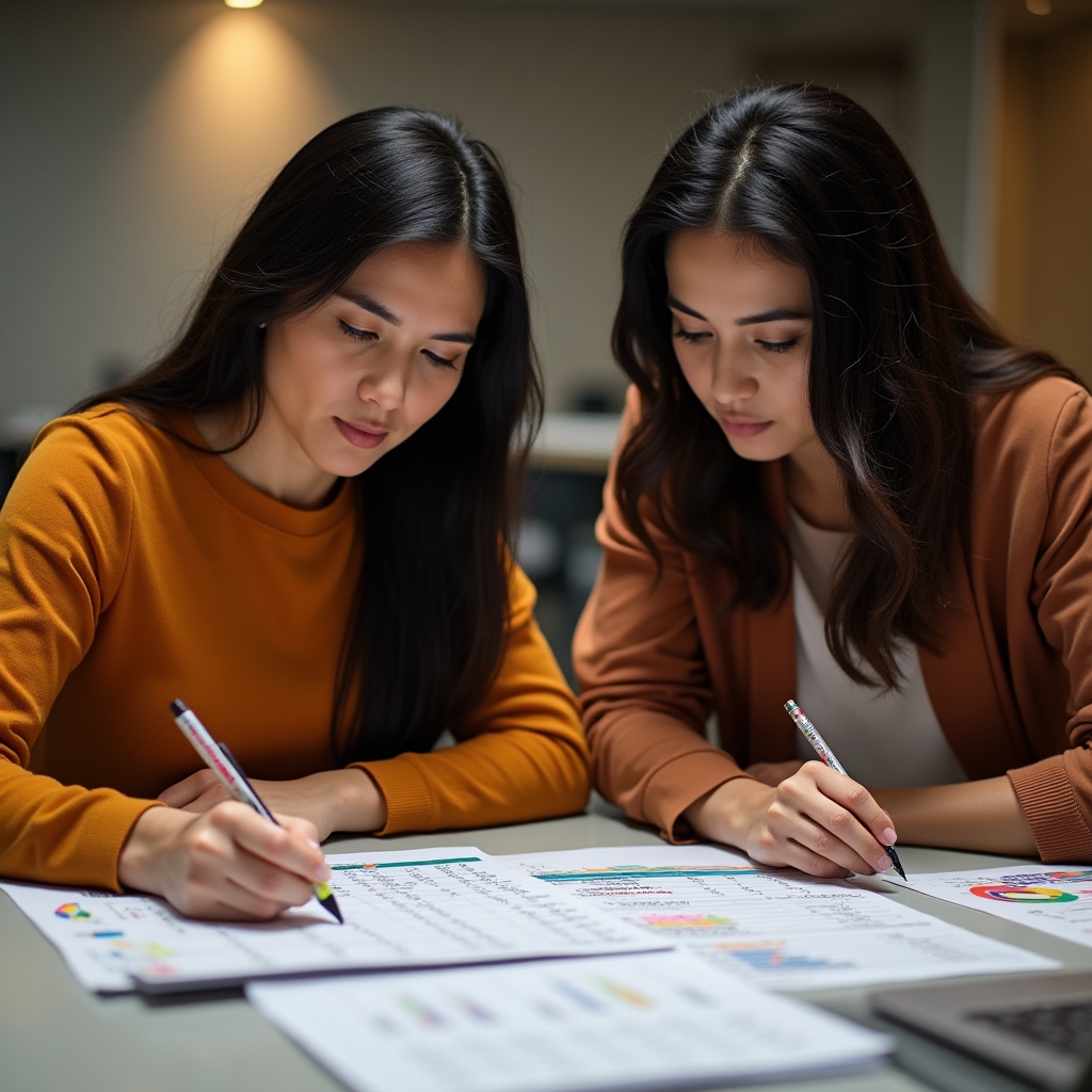 Workshop on expense control with participants analyzing spending categories on printed worksheets